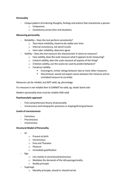 PSYC1000 Personality Notes Personality Unique Pattern Of Enduring