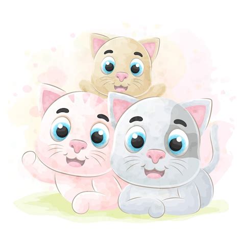 Lindos Gatitos Con Ilustración Acuarela Vector Premium