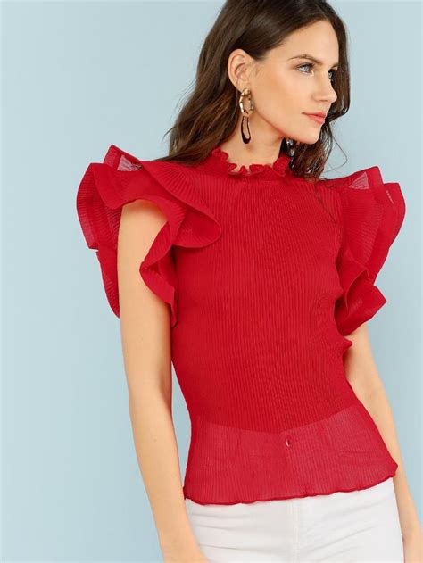 Exaggerate Tiered Ruffle Trim Pleated Panel Top Shein