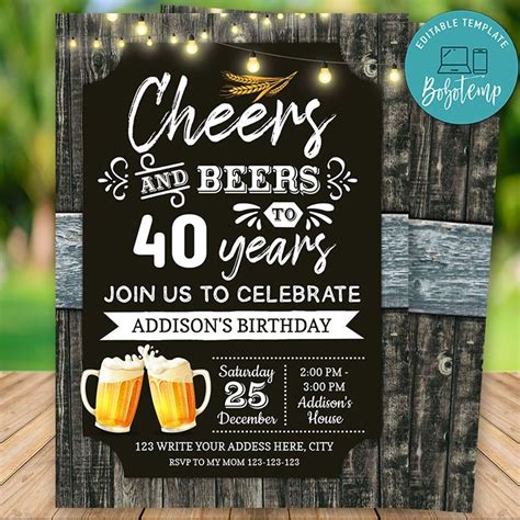 Printable 40th Cheers And Beers Birthday Party Invitation DIY Bobotemp