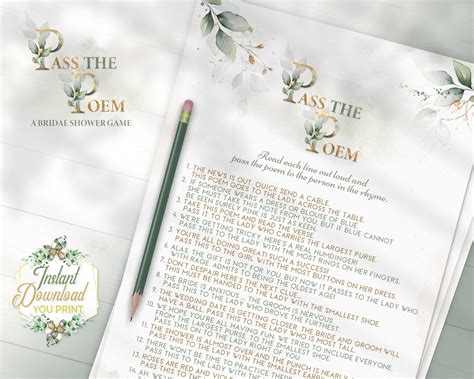 Pass The Poem Printable Bridal Shower Game T Passing Etsy