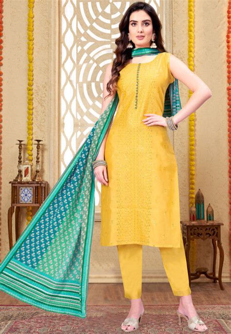 Embroidered Art Silk Pakistani Suit In Yellow Kgzt