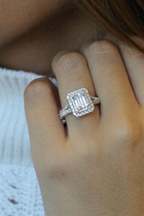 Emerald Cut Halo Split Shank Engagement Rings