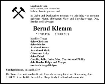 Traueranzeigen Von Bernd Klemm Trauer In Thueringen De