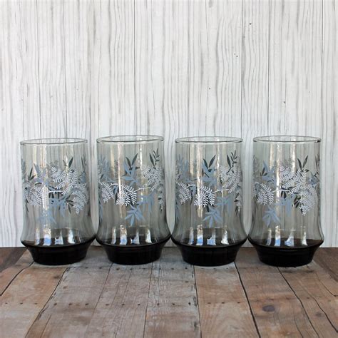 Vintage Libbey Glass Gray Tumblers With White Leaves Set Of 4 Drinking Glasses Leaf Design