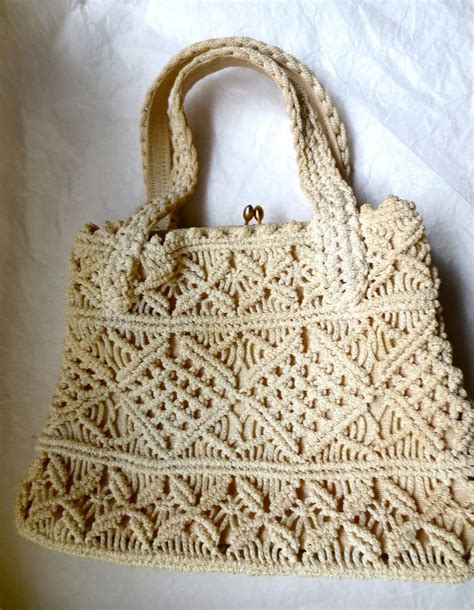 Vintage Macrame Purse White Twine Lined Circa Early Etsy México