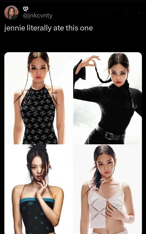 Four Different Pictures Of Women In Black And White Outfits One With