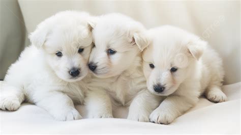 Fundo Tr S Cachorros Brancos Sentados Em Um Linho Branco Fundo Foto De