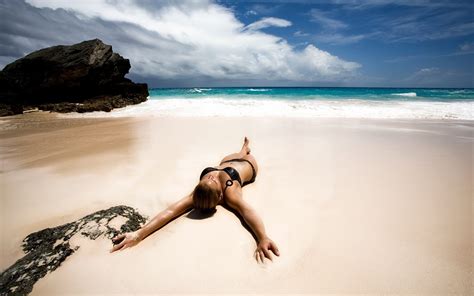 Wallpaper Sunlight Women Model Sea Rock Shore Sand Clouds Beach Lying Down Coast