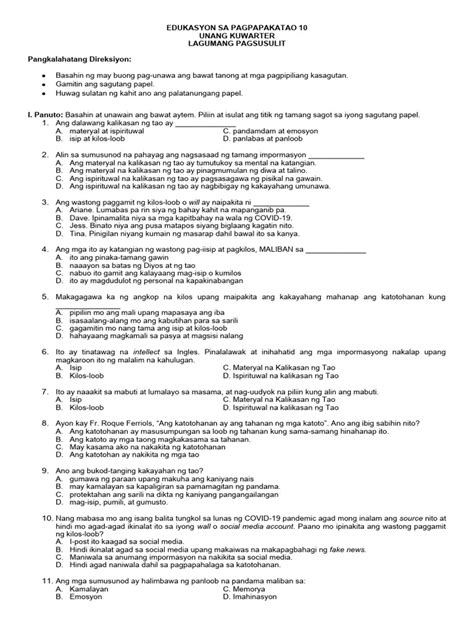 Edukasyon Sa Pagpapakatao 10 Exam Pdf