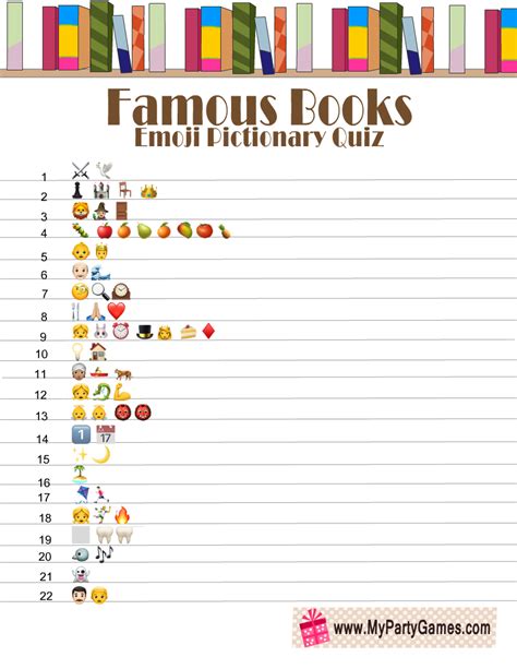 Free Printable Famous Books Emoji Pictionary Quiz