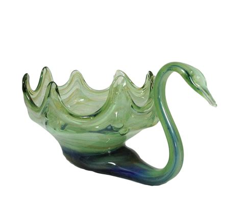 Vintage Hand Blown Glass Swan Bowl Glass Planter Green