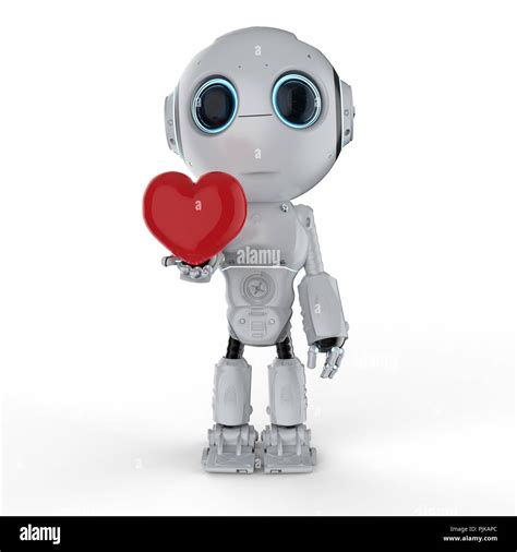 D Rendering Cute Artificial Intelligence Robot With Red Heart Stock