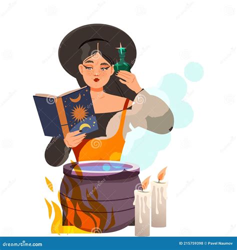 Woman As Fortune Teller Or Psychic Reading Spell At Boiling Cauldron