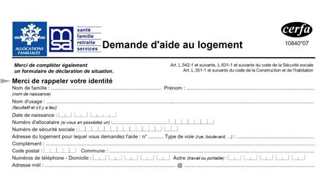 Cerfa 10840 07 Demande D Aide Au Logement