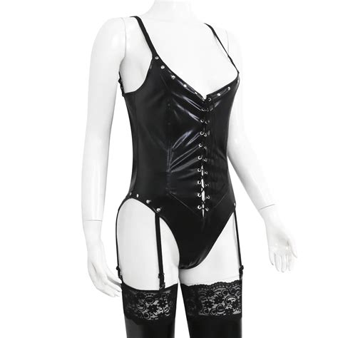 Fancy Teddy Sexy Lace Up Corset Suspender Belt Braces Set Nailed Bodysuit Pu Lingerie Erotic