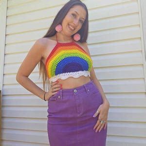 Rainbow Crochet Festival Halter Crop Top Retro 70s Gay Lesbian Pride Rave Shirt Love Is Love