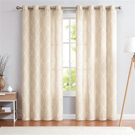 Jinchan Beige Moroccan Curtains Print Flax Linen Blend Textured Grommet