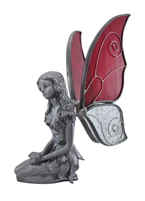 Pewter Kneeling Fairy With Red And Clear Wings Collectible Figurines Fairy Statues