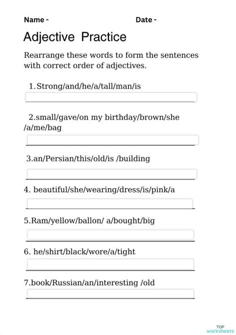 Order Of Adjectives Interactive Worksheet Topworksheets