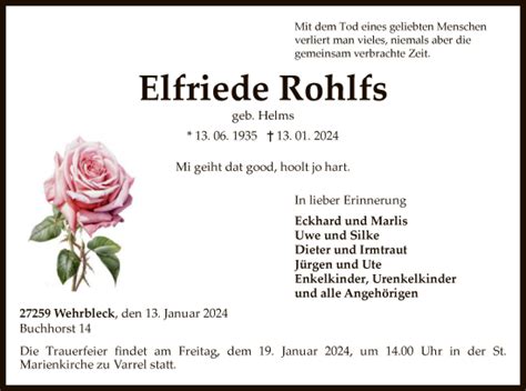 Traueranzeigen Von Elfriede Rohlfs Trauer Kreiszeitung De