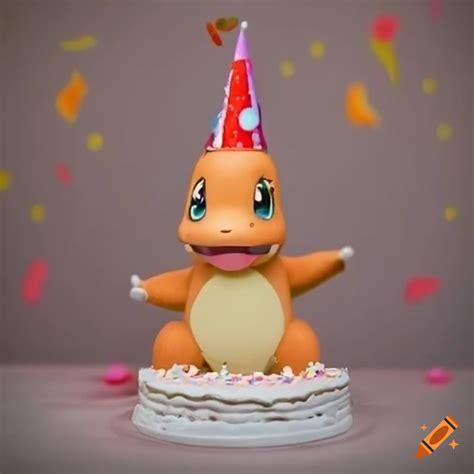 Cute Charmander With Birthday Cake And Party Hat On Craiyon