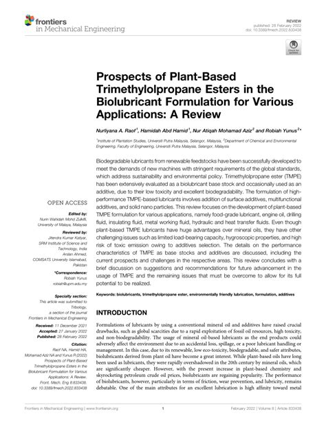 (PDF) Prospects of Plant-Based Trimethylolpropane Esters in the ...