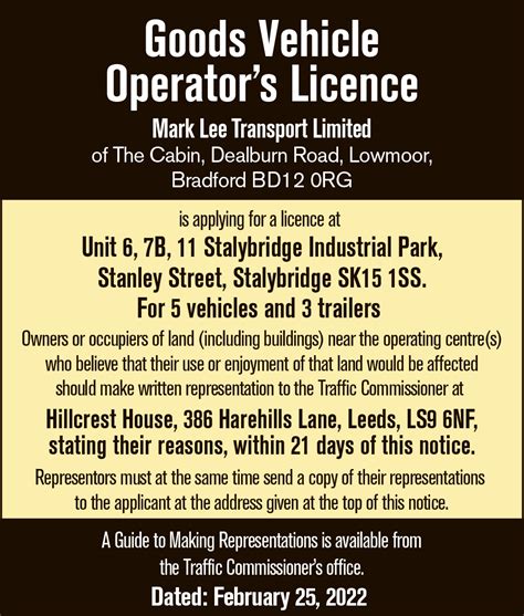 Notice Goods Vehicle Operator S Licence For Mark Lee Transport Limited