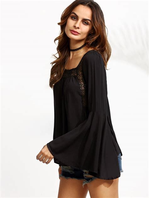 Black Lace Insert Bell Sleeve Lace Up Back Blouse Shein Sheinside