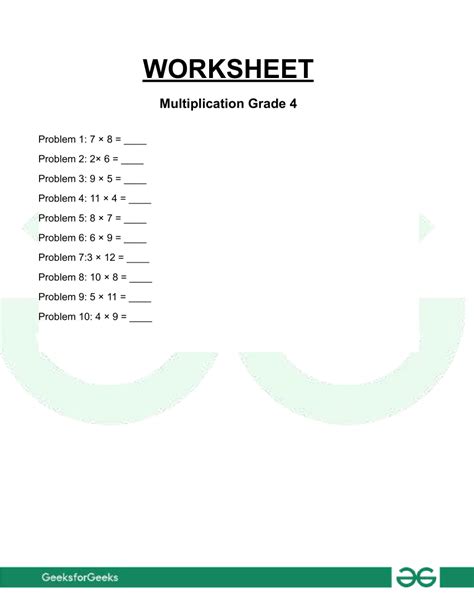 Multiplication Worksheets Grade 4 Geeksforgeeks