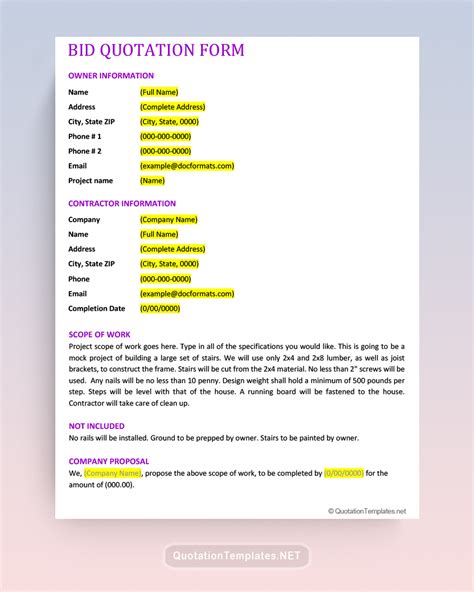 Bid Quotation Template Free Estimate And Quote Templates