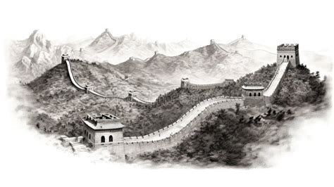 The Great Wall of China Illustration in Black and White Pencil Sketch - Made with Generative AI ...