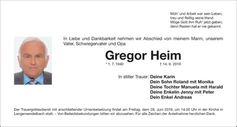 Traueranzeigen Von Gregor Heim Trauer Nn De