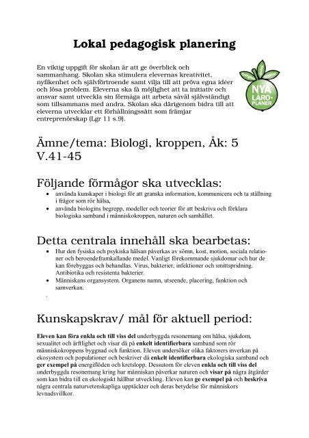 Lokal Pedagogisk Planering Mne Tema Biologi Kroppen K V