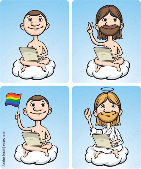 Nude Cartoon Men On A Cloud With Laptop Stock Vector Adobe Stock