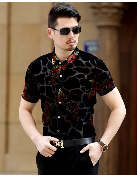 Summer Mens Short Sleeve Shirts Business Gentleman Casual Floral See Through Silk Shirts