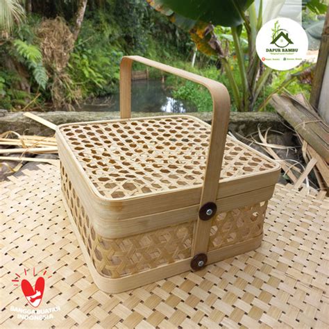 Jual Rantang Bambu Kotak Anyaman Mata Itik Sudut Bulat Hampers Bambu