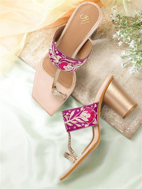 Buy House Of Pataudi Pink And Gold Toned Embellished Block Sandals Heels For Women 16246986 Myntra