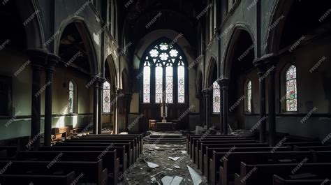 Premium Ai Image Abandoned Ruined Church Hall Interior Day Light Dusty