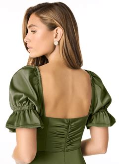 Azazie Harlie Stretch Satin Dress Olive Bridesmaid Dresses Azazie AU