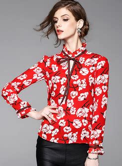 Tops Blouses Stand Collar Print Silk Bowknot Blouse