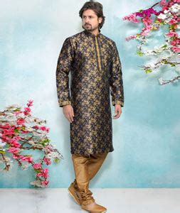 Navy Blue Jacquard Silk Kurta Pajama Pyjamas Jacquard Fabric