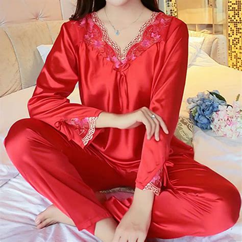 Autumn Women Ladies Sexy Flower Lace Satin Silk Pajamas Sets Long Sleeve Topspants Sleepwear