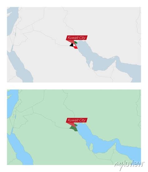 Kuwait Map With Pin Of Country Capital Two Types Of Kuwait Map