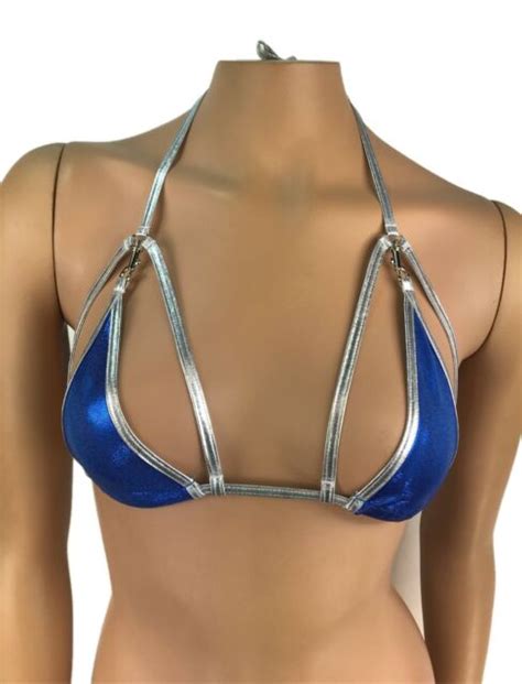 Exotic Dancewear Blue Triangle Bikini Top Rave Outfits Skimpy Strappy