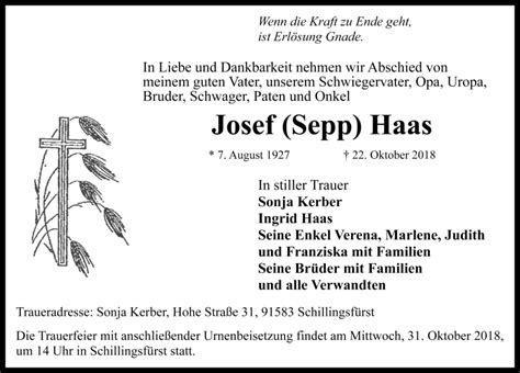 Traueranzeigen Von Josef Haas Trauer Flz De