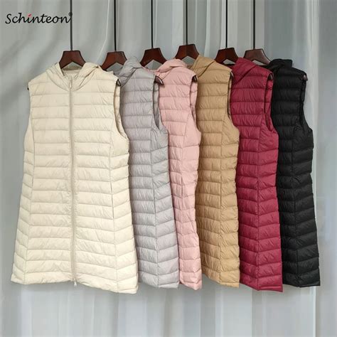 Schinteon Women Ultralight White Duck Down Vest Autumn Winter Sleeveless Jacket With Hood Solid