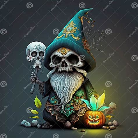 Day Of The Dead Halloween Gnome With Pumpkin Ai Generative Stock