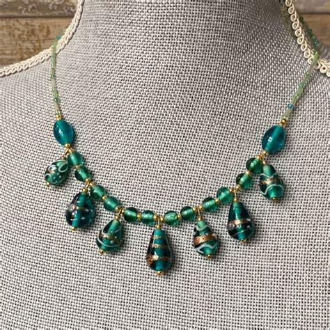 Vintage Murano Glass Wedding Cake Teal And Gold Beads Gem