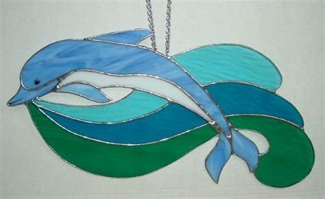 Hand Made Dolphin Over Waves Stained Glass Suncatcher By Windflower Design